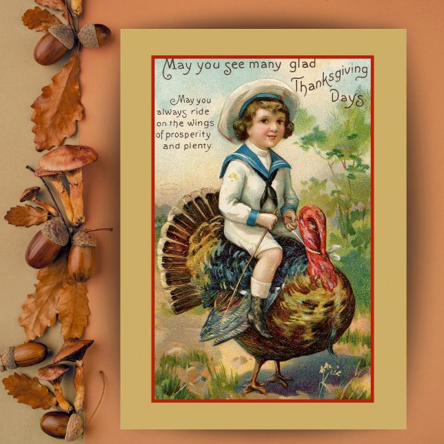 Boy Riding Turkey Anpassningsbar Vintage Thanksgiv Helgkort (Boy Riding Turkey Custom Vintage Thanksgiving Card with editable text.  Just add your name!)