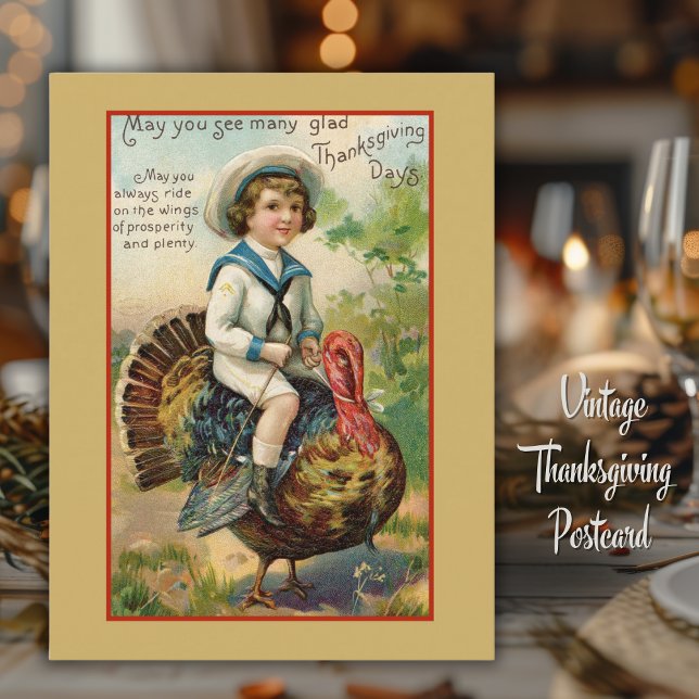 Boy Riding Turkey Vintage Thanksgiving Vykort (Boy Riding Turkey Vintage Thanksgiving Postcard)