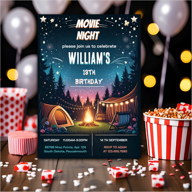 Boy roligt Camping Popcorn Movie Natt 13-årsdag Inbjudningar (Skapare uppladdad)