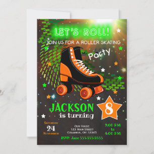 Boy Roller Skating Birthday bjudande Neon Inbjudningar