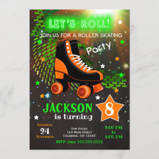 Boy Roller Skating Birthday bjudande Neon Inbjudningar