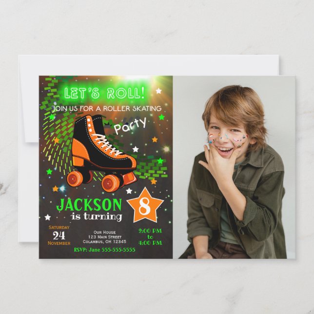 Boy Roller Skating Birthday Invitation Neon Inbjudningar (Framsida)
