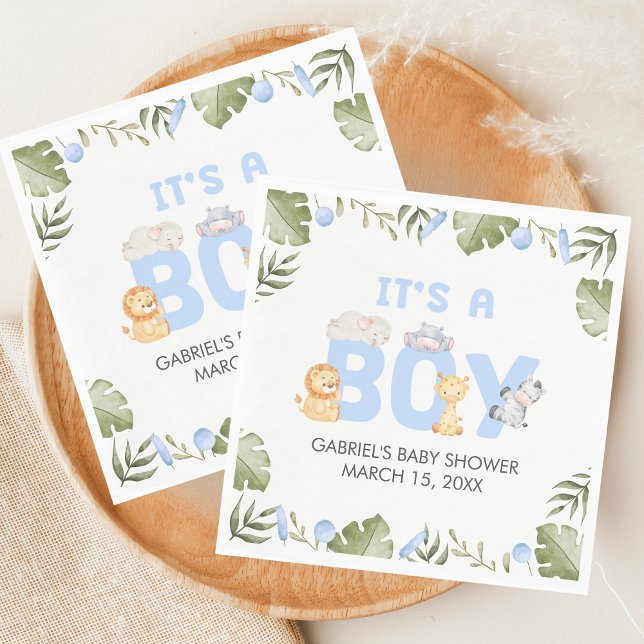Boy Safari Animal Baby Shower  Pappersservett (Safari Jungle Animals Baby Shower Napkin)