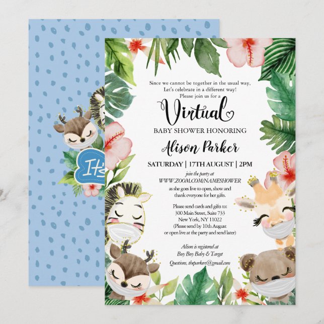 Boy Safari Animals Jungle Greenery Virtuell Shower Inbjudningar (Fram/baksida)