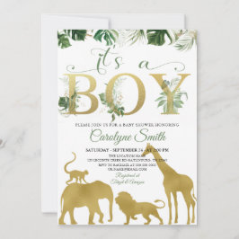 Boy Safari Jungle Animals Guld Baby Shower Inbjudningar
