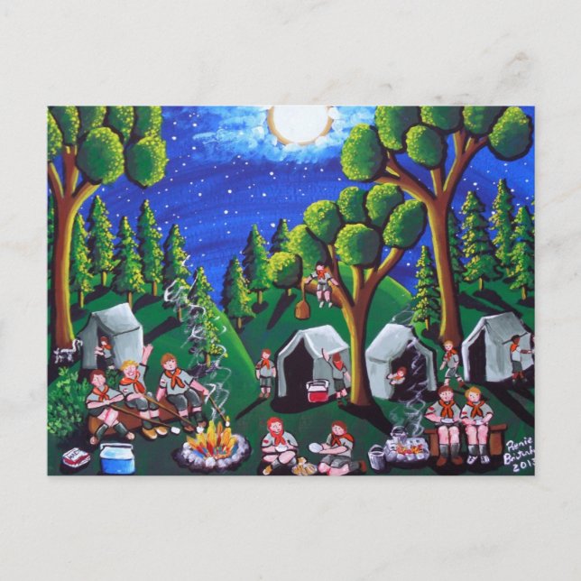 Boy Scouts Camp out Folk Art Postcards Vykort (Framsida)