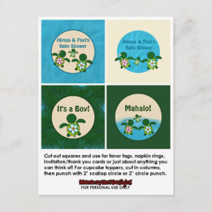 BOY Sea TURTLE Baby Shower Honu Cupaka Topper 02B Inbjudan Vykort