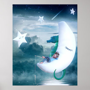Boy & Seahorse Fishing på Måne Poster