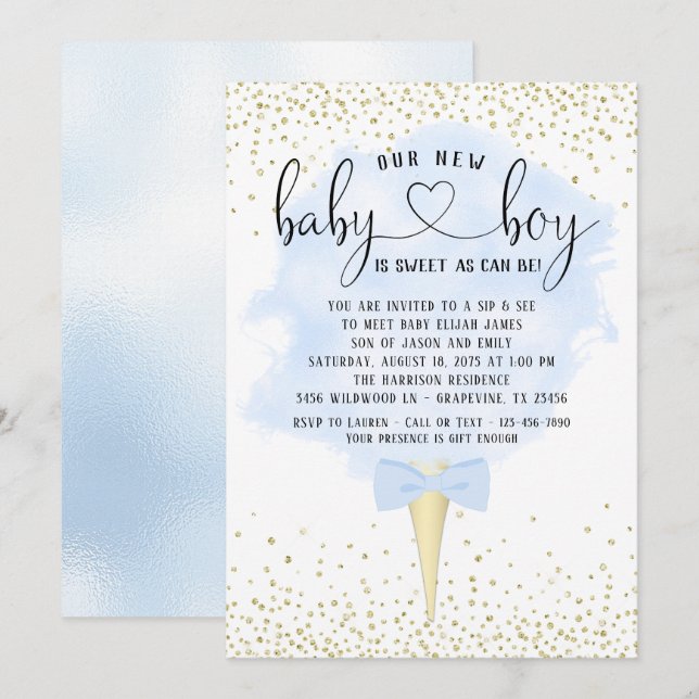 Boy Sip och See Cotton Candy Baby Shower Inbjudningar (Fram/baksida)