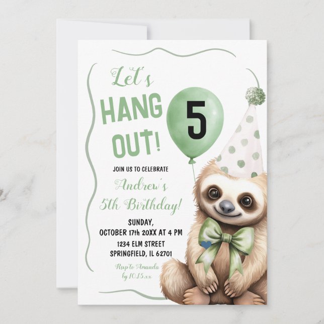 Boy Sloth Grönt Handdragen Birthday Inbjudningar (Framsida)