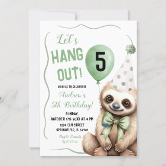 Boy Sloth Grönt Handdragen Birthday Inbjudningar