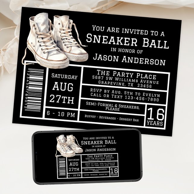 Boy Sneaker Boll Födelsedagsfest Inbjudningar (Sneaker ball invitation with hightop sneakers shoe box label style. For instant download and print.)