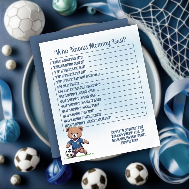 Boy Soccer Baby Shower som känner Mammans bästa sp (Cute Blue Teddy Bear Soccer Player Boy Baby Shower "Who Knows Mommy Best?" Game Card)