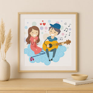 Boy spelar Guitar för Girl Kärlek och Music Poster