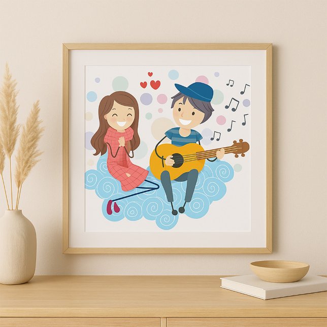 Boy spelar Guitar för Girl Kärlek och Music Poster (Skapare uppladdad)