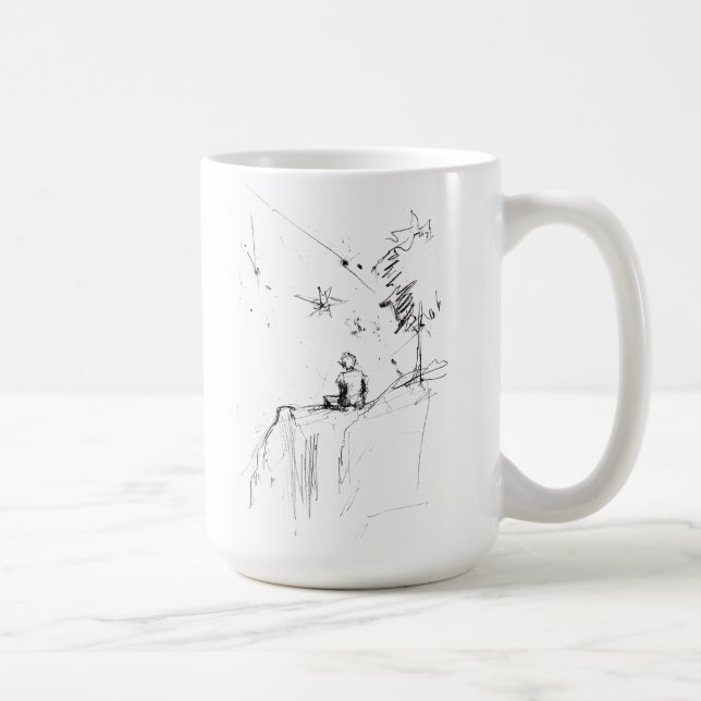 Boy Stargazing Cliff Elegant Sketch Kaffemugg (Höger)