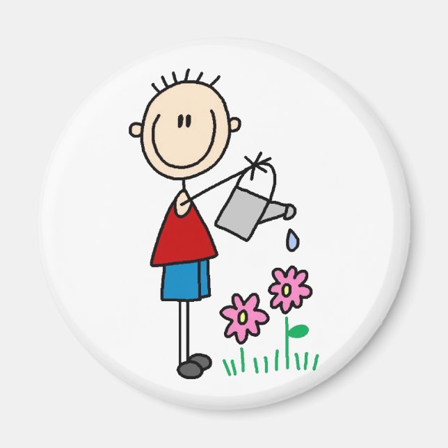 Boy Stick figur Watering Flowers Magnet (Framsidan)