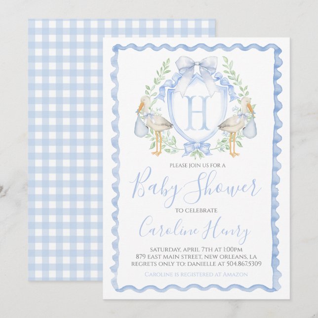 Boy Stork Baby Shower Preppy Gingham Blue Inbjudningar (Fram/baksida)