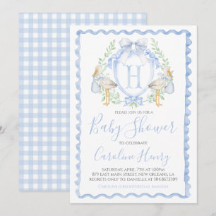 Boy Stork Baby Shower Preppy Gingham Blue Inbjudningar