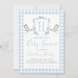 Boy Stork Baby Shower Preppy Gingham Blue Inbjudningar
