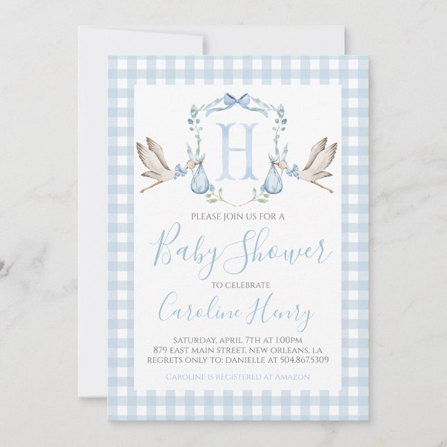 Boy Stork Baby Shower Preppy Gingham Blue Inbjudningar (Skapare uppladdad)