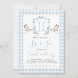 Boy Stork Baby Sip och See Preppy Gingham Blue Inbjudningar