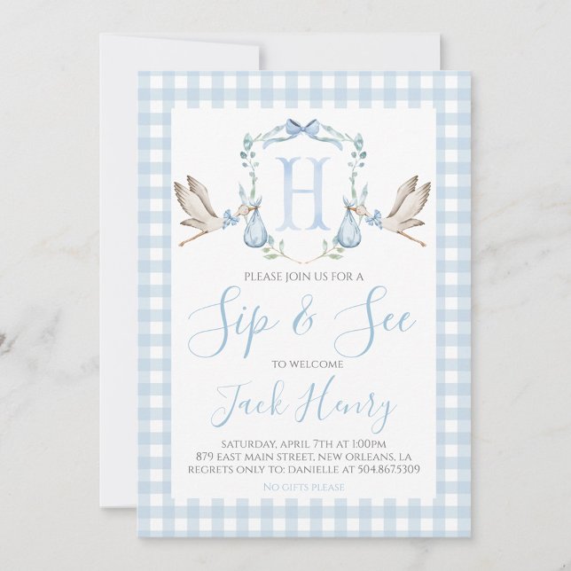 Boy Stork Preppy Gingham Blue Sip & See Inbjudningar (Skapare uppladdad)