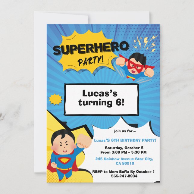 Boy Superhero Birthday Invitation Inbjudningar (Framsida)