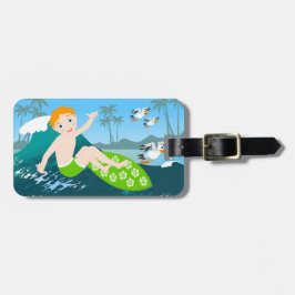 Boy surfs big wave Birthday Party Bagagebricka