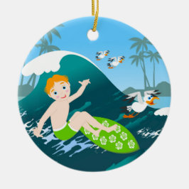 Boy surfs big wave Birthday Party Julgransprydnad Keramik