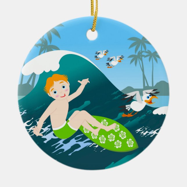 Boy surfs big wave Birthday Party Julgransprydnad Keramik (Framsidan)