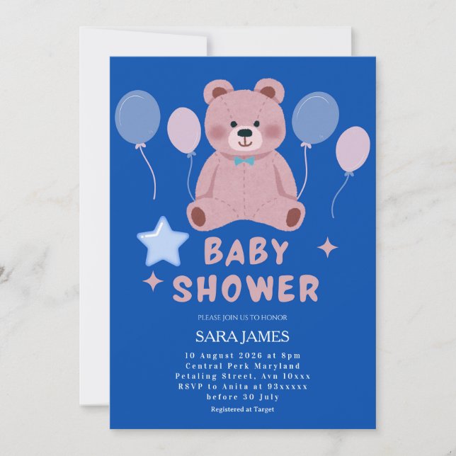 Boy Sweet Teddy Bear Blue Balloon Baby Shower Inbjudningar (Framsida)