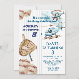 Boy Syskon Baseball and Airplane Joint Birthday Inbjudningar