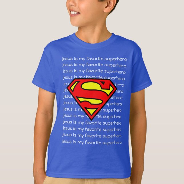 Boy T-shirt. Jesus is my favorite superhero! T Shirt (Framsida)