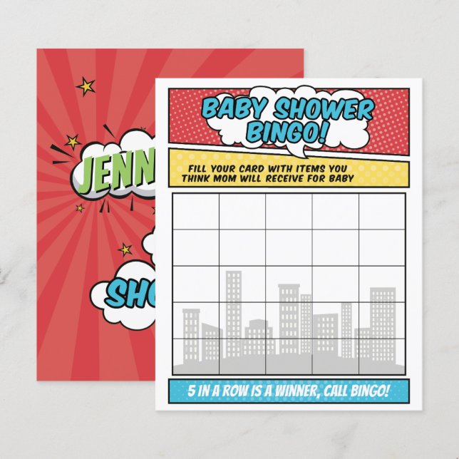 Boy Tecknad Bok Superassistance Baby Shower Bingo  (Fram/baksida)