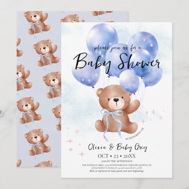 Boy Teddy Bear Baby Shower  Inbjudningar (Fram/baksida)