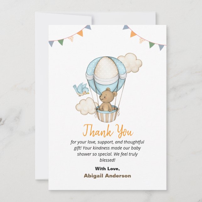 Boy Teddy Bear Baby Shower Thank You Flat Cards Tack Kort (Framsida)