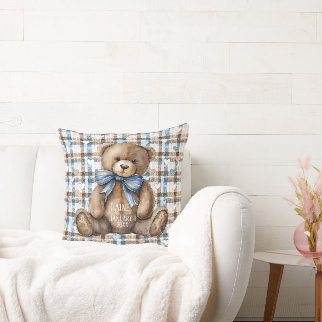Boy Teddy Bear On Blue Brown Plaid  Kudde (Soffa)
