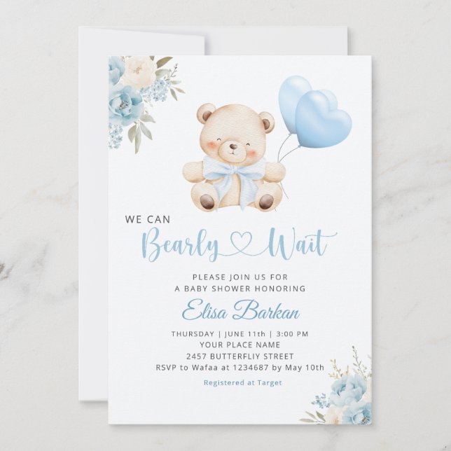 Boy Teddy Bear We Can Bearly Wait blue Baby Shower Inbjudningar (Framsida)