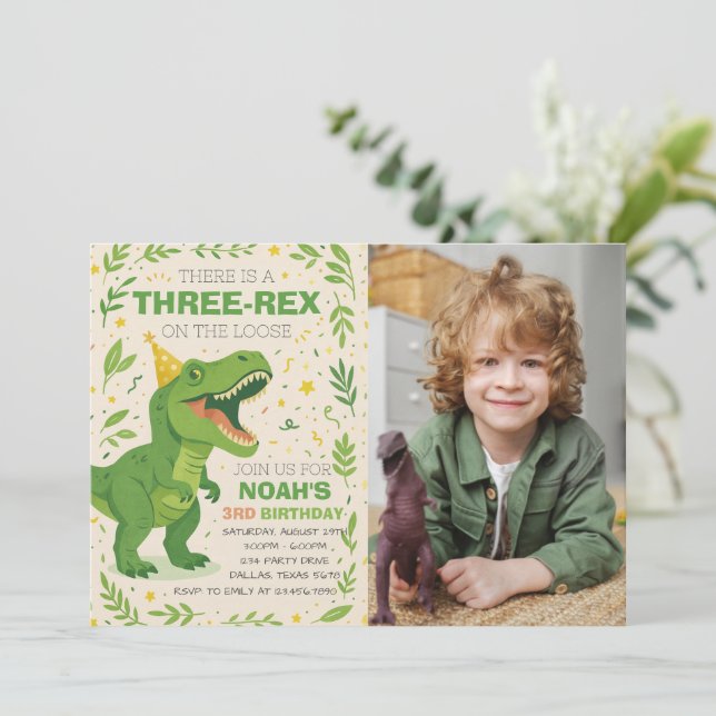Boy Three-Rex Dinosaur Birthday Photo Inbjudningar (Stående Fram)