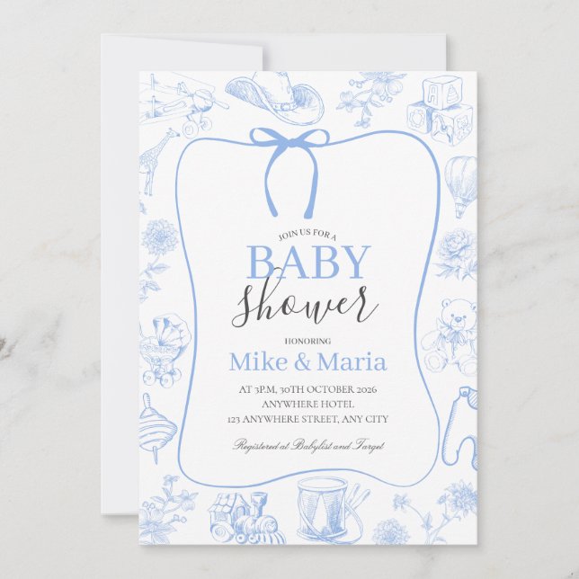 Boy Toile De Jouy Blue Baby Shower Invitation Inbjudningar (Framsida)
