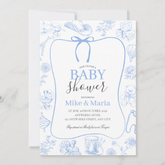 Boy Toile De Jouy Blue Baby Shower Invitation Inbjudningar