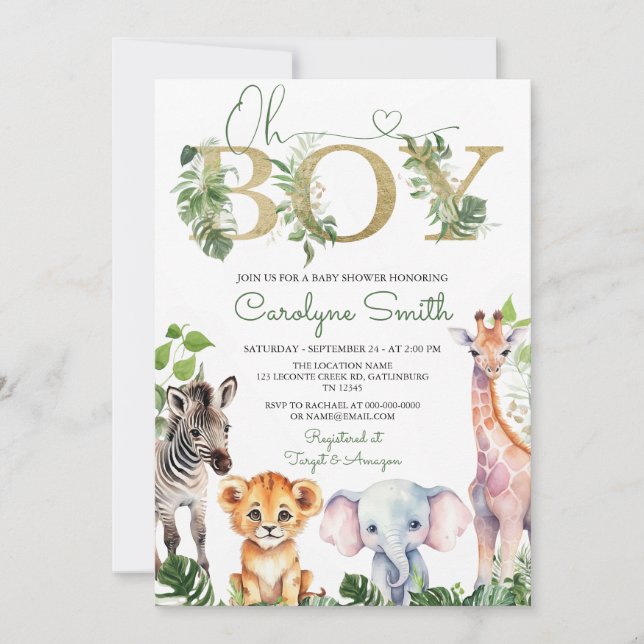 Boy Tropical Jungle Safari Animals Baby Shower Inbjudningar (Framsida)