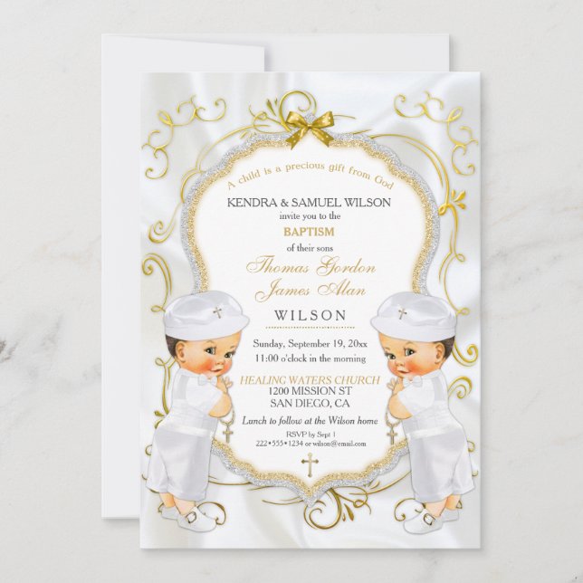 Boy Twillingars Baptism Christening Guld White Kor Inbjudningar (Framsida)