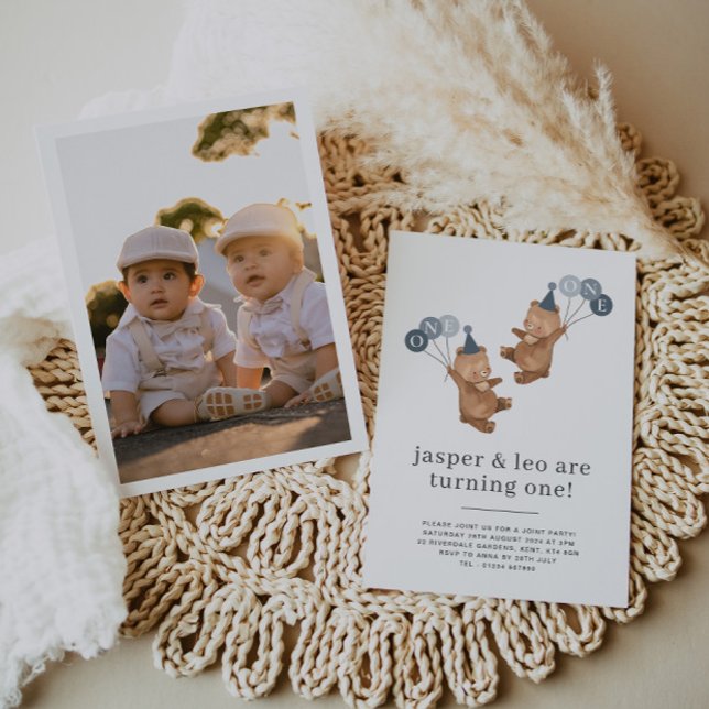 Boy Twillingars - Bears Party Hats - 1:a födelseda Inbjudningar (Boy Twins - Bears Party Hats - 1st Birthday Photo Invitation)