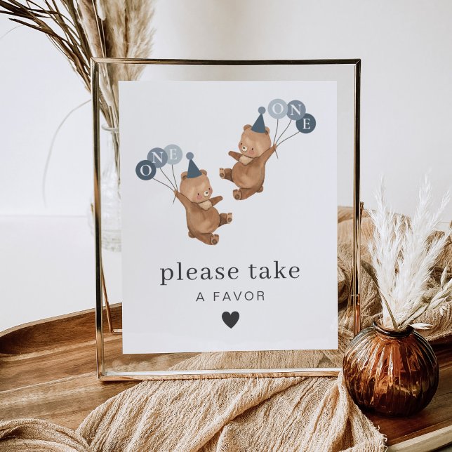 Boy Twillingars - Bears Party Hats - Birthday Favo Poster (Boy Twins - Bears Party Hats - Please Take A Favor Sign)