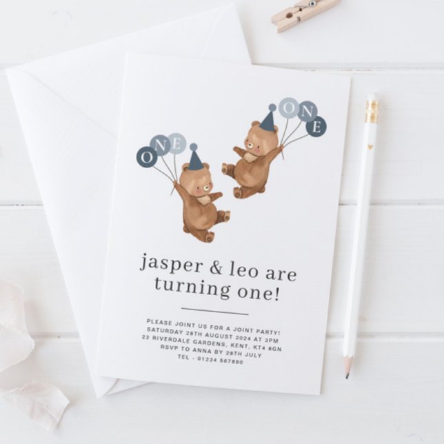 Boy Twillingars - Bears Party Hats - Joint 1st Bir Inbjudningar (Boy Twins - Bears Party Hats - Joint 1st Birthday Invitation)