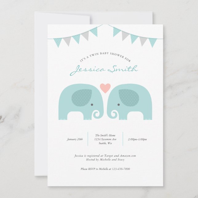 Boy Twillingars Elephant Baby Shower-inbjudan Inbjudningar (Framsida)