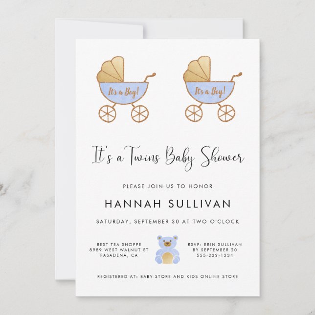 Boy Twillingars Retro Carriage Watercolor Shower Inbjudningar (Framsida)