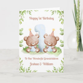 Boy Twins 1st Birthday Greenery Teddy Bear Card Kort